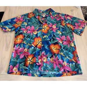 Vintage Hilo Hattie Hawaiian Shirt Mens XL Blue Pink Floral Aloha Button Up